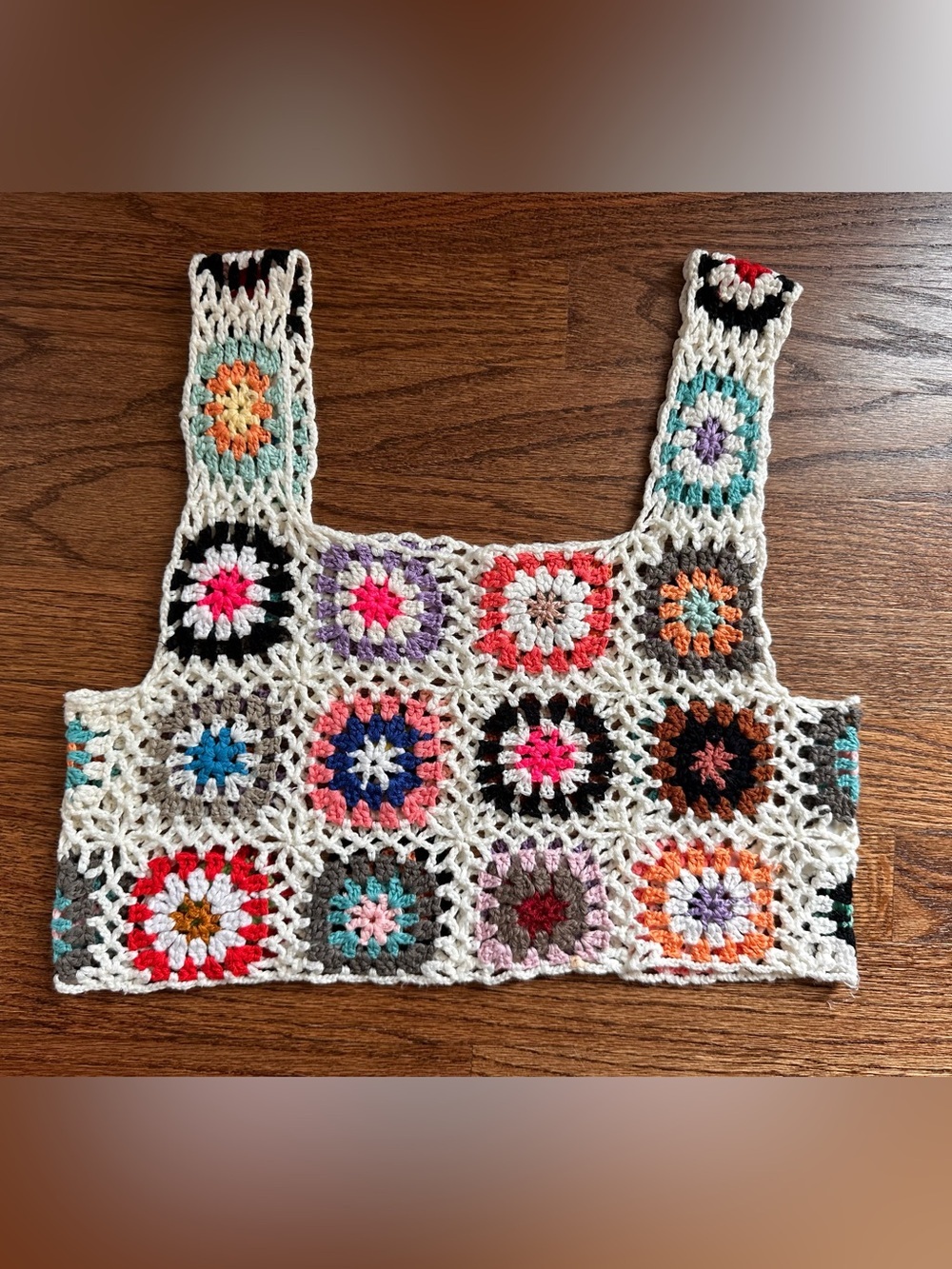 Granny Square Retro BOHO Womens Crochet Multicolor Crop Tank Top Small READ
